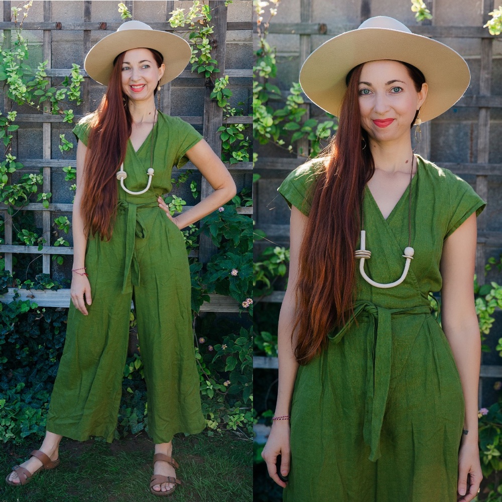 Not Perfect Linen Midi TORINO wrap linen jumpsuit size Small Moss Green